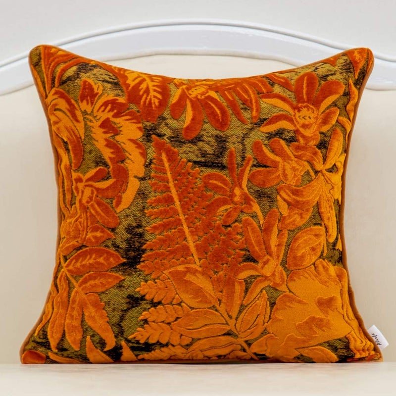 Alerfa 18 x 18 Inch Orange Square Maple Leaf Pillow Embroidery Cut Velvet Cushion Case Luxury Modern Lumbar Throw Pillow Cover Decorative Pillow for Couch Sofa Living Room Bedroom Car - Image 1